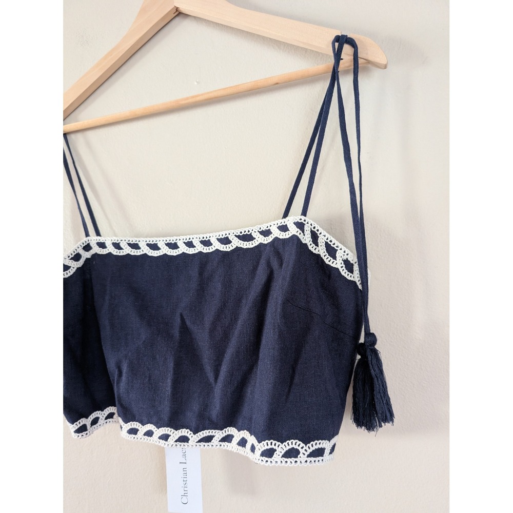 Christian Lacroix Navy Blue Linen Crochet Tassel Tie Crop Top M Festival Summer - Picture 4 of 9